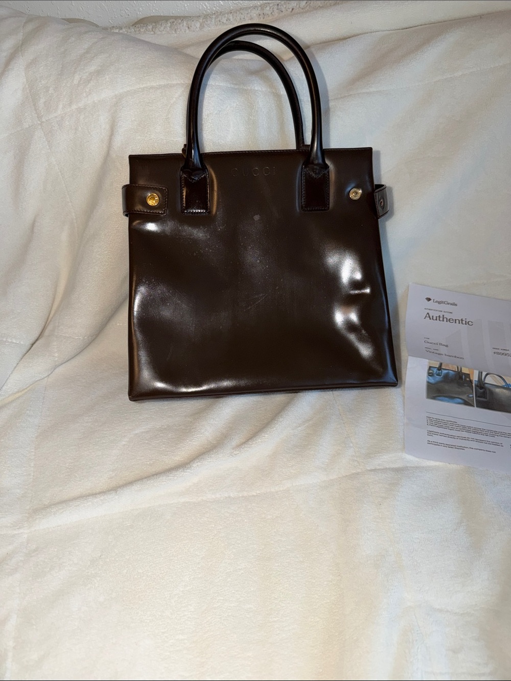 Authentic Gucci Patent Leather Top-Handle Tote Bag in Dark Brown-see details